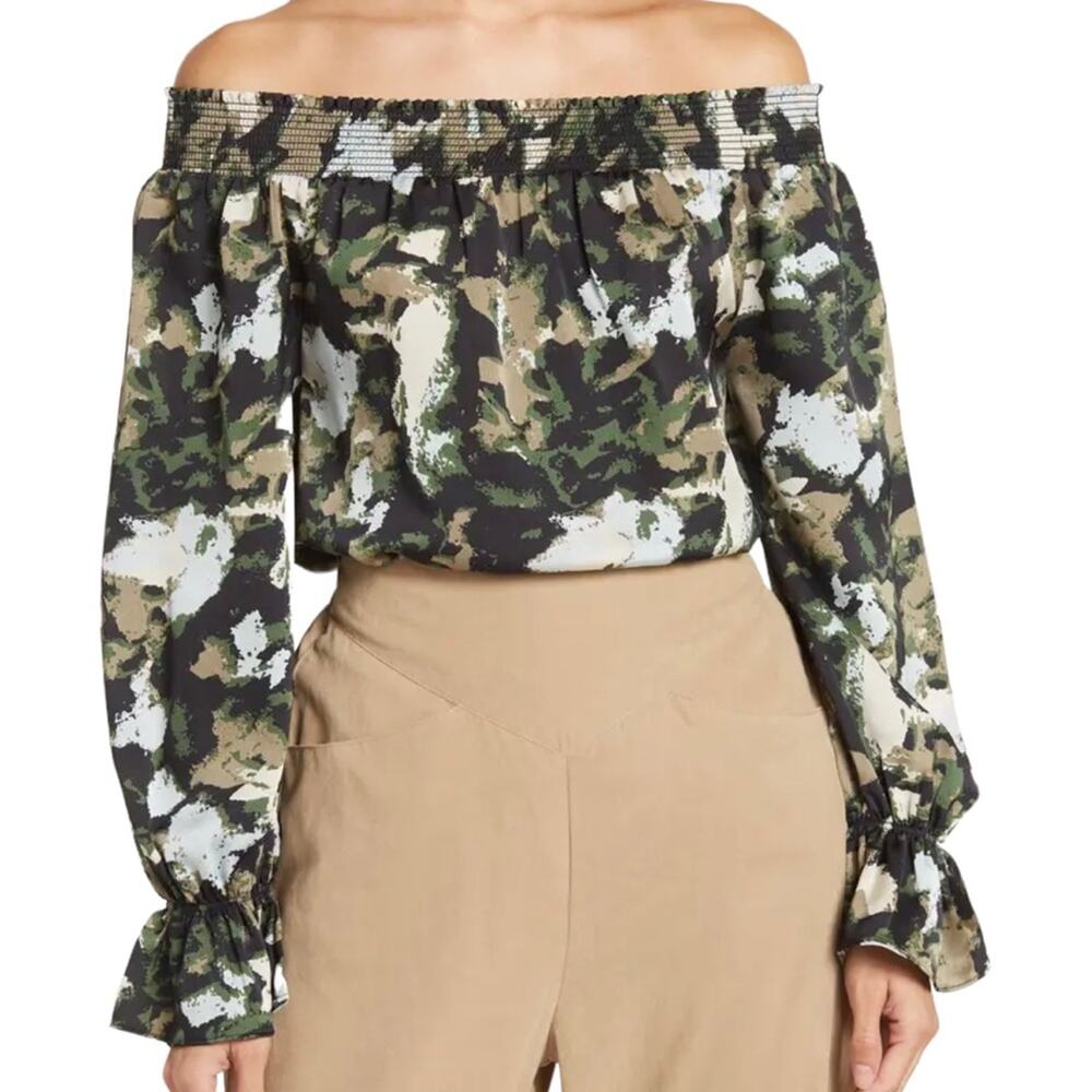 Patrizia Luca Green Camo Like Print Off the Shoulder Blouse Small NWT